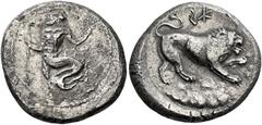 *Greek Coins Cilicia, Issos(?) Stater circa 425-390, AR 24 mm, 10.35 g. Ichtyomorphic marine deity (Triton ?) l., holding trident and wreath. Rev. 'z in Phoenician (?) Lion at bay r. on rocky ground. 