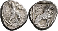 *Greek Coins Cyprus, Citium Baalmelek I, 479-449. Stater circa 479-449, AR 23 mm, 10.99 g. Heracles advancing r., wearing lion' skin and holding club and bow. Rev. l B'l mlk in Aramaic characaters Lio
