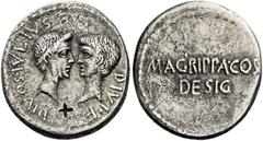 The Roman Republic Octavianus and M. Vipsanius Agrippa. Denarius, mint moving with Octavian 38, AR 18 mm, 3.68 g. DIVOS IVLIVS – DIVI·F Confronted heads of Julius Caesar, wreathed r., and Octavian, ba
