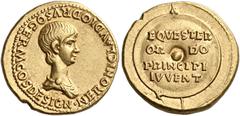 The Roman Empire Nero caesar ,50–54 Aureus 50-54, AV 20 mm, 7.7 g. NERONI CLAVDIO DRVSO GERM COS DESIGN Bare headed and draped bust r. Rev. EQVESTER / OR – DO / PRINCIPI / IVVENT on shield set on vert