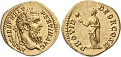 *The Roman Empire Pertinax, 193 Aureus 1 January-28 March 193, AV 22 mm, 7.17 g. IMP CAES P HELV – PERTIN AVG Laureate head r. Rev. PROVID – DEOR COS II Providentia standing l., raising r. hand toward