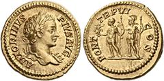 *The Roman Empire Caracalla augustus, 193–217 Aureus 203, AV 20 mm, 7.12 g. ANTONINVS – PIVS AVG Laureate bust r., with aegis. Rev. PONT TR P VI COS Caracalla standing l., holding Victory and sceptre,