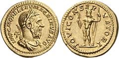 The Roman Empire Macrinus, 217–218 Aureus 217-28, AV 22 mm, 7.22 g. IMP C M OPEL SEV MACRINVS AVG Laureate, draped and cuirassed bust r. Rev. IOVI CONSER – VATORI Jupiter standing l., holding thunderb