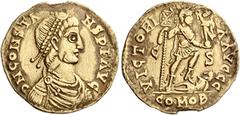 The Roman Empire Constans, son of ConstantineIII, 410–411 Solidus, Caesaragusta end 408-beginning 409, AV 21 mm, 4.06 g. D N CONSTA – NS P F AVG Pearl-diademed, draped and cuirassed bust r. Rev. VICTO
