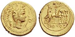 Cnaeus Pompeius Magnus Aureus 71, AV 8.91 g. MAGNVS Head of Africa right, wearing elephant's skin; on l., jug with handle to l.; on r., lituus. All within wreath. Rev. Pompey in triumphal quadriga r.,