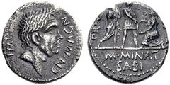Cnaeus Pompeius Junior and M. Minatius Sabinus Denarius, Spain 46-45, AR 3.64 g. IMP – CN MAGN Head of Cn. Pompeius Magnus r. Rev. PR·Q Pompeian soldier between the personification of two Spanish citi