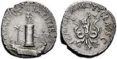 Sextus Pompeius Denarius, Sicily 37-36, AR 4.00 g. MAG·PIVS – IMP ITER Galley with aquila on prow and sceptre tied with fillet on stern; in the background, pharus of Messana surmounted by statue of Ne