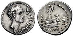 Cn. Domitius Ahenobarbus Denarius, mint moving with Ahenobarbus in 41, AR 3.90 g. AHENOBAR Male head r., slightly bearded. Rev. CN·DOMITIVS IMP Trophy with two spears and shield standing facing on pro