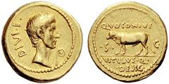 Ti. Voconius Vitulus Aureus 40? or later, AV 7.95 g. DIVI·F. Head of Octavian r., slightly bearded; before, lituus. Rev. Q·VOCONIVS / S – C Calf walking l.; in exergue, VITVLVS·Q· / DESIG Babelon Voco