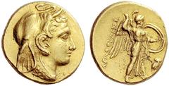 Greek Coins Syracuse Double decadrachm 310-304, AV 8.46 g. Young male head r., wearing elephant’s scalp headdress; on shoulder, dotted aegis . Rev. AΓAΘOKΛEOΣ Winged Athena standing r. in battle stanc