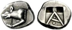Greek Coins Argolis, Argos Triobol circa 490-470, AR 2.89 g. Forepart of wolf l. Rev. Two pellets within large A; all within shallow incuse square. BMC 8. de Luynes 2291 (these dies). BCD Peloponnesos