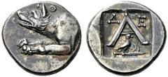 Greek Coins Argolis, Argos Triobol circa 260-250, AR 2.56 g. Forepart of wolf l.; above, Θ. Rev. Δ - E Large A; below, eagle on harpa . BMC 61. BCD Peloponnesos 1109. Lovely iridescent tone and extrem
