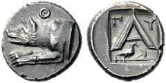 Greek Coins Argolis, Argos Triobol circa 260-250, AR 2.63 g. Forepart of wolf l.; above, Θ. Rev. Π - Υ Large A; below, eagle on harpa . BMC 79. BCD Peloponnesos 1111. Lovely iridescent tone and extrem