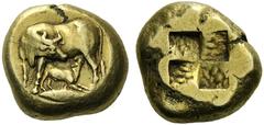 Greek Coins Mysia, Cyzicus Stater circa 400-330, EL 16.07 g. Cow standing l., head turned, suckling calf; below, tunny-fish. Rev. Quadripartite incuse square. Dewing 2188. von Fritze 219. Very rare. S