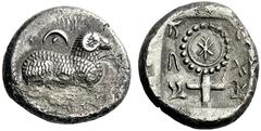 Greek Coins Cyprus, Salamis Uncertain King, circa 445-411. Stater 445-411, AR 10.66 g. Euelthon in Cypriote characters Ram recumbent r.; above, pellet in crescent. Rev. ku in Cypriote characters withi
