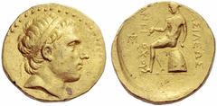 Greek Coins Seleucid kings of Syria, Antiochus III, 223 – 187 Octodrachm, uncertain mint 68 in Mesopotamia from 197, AV 34.11 g. Diademed head r. Rev. BASILEWS - ANTI - OCOU Apollo seated l. on omphal