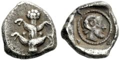 Greek Coins Cyrene Obol circa 480-435, AR 0.63 g. Silphium plant. Rev. K – V – P – A retrograde Head of Zeus Ammon l.; all within incuse square. Müller MAA, 42a. SNG Copehagen 1181. Very rare. Lightly