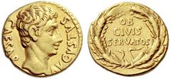 The Roman Empire Octavian as Augustus, 27 BC – 14 AD Aureus, Colonia Patricia circa (?) 19 BC. AV 7.89 g. CAESAR – AVGVSTVS Bare head r. Rev. OB / CIVIS / SERVATOS within oak-wreath. Bahrfeldt 125.1 (