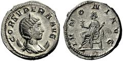The Roman Empire Cornelia Supera, wife of Aemilia. Antoninianus, uncertain mint 231, AR 3.92 g. COR SVPERA AVG Diademed and draped bust r., on crescent. Rev. IVNONI AVG Juno seated l., holding flower 