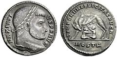 The Roman Empire Maxentius, 306 – 312 Argenteus, Ostia circa 308-309, AR 2.91 g. MAXENTI – VS P F AVG Laureate head r. Rev. TEMPORVM FELICITAS AVG N She-wolf l., suckling twins; in exergue, M OSTA. C 
