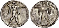Lucania, Poseidonia Nomos circa 520, AR 7.57 g. POS retrograde Poseidon bearded, diademed and naked but for chlamys over shoulders, advancing r., hurling trident in upraised r. hand. Rev. The same typ