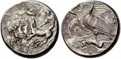Sicily, Agrigentum Decadrachm, unsigned work of My(ron) and Poly(ainos) circa 409-406, AR 42.42 g. AKRAGAS Fast quadriga driven l. by charioteer, holding reins with both hands; above, eagle flying l.,