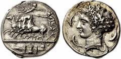 Syracuse Decadrachm signed by Kimon circa 404-400, AR 43.33 g. Fast quadriga driven l. by charioteer, holding reins and kentron ; in field above, Nike flying r. to crown him. On the exergual line, in 