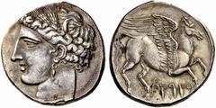 The Carthaginians in Sicily and North Africa 5 shekels, uncertain mint in Sicily circa 260, AR 37.80 g. Head of Tanit-Persephone l., wearing barley wreath and earring. Rev. Pegasus flying r.; below, B