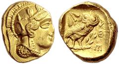Attica, Athens Drachm circa 407-404, AV 4.30 g. Head of Athena r., wearing crested Attic helmet decorated with spiral palmette and two olive leaves. Rev. AΘE Owl standing r. with closed wings, head fa