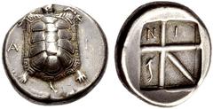 Aegina, Aegina Stater circa 350, AR 12.10 g. A – I Tortoise seen from above. Rev. Incuse square of five skew pattern; the two upper ones containing N – I and the lower on l. containing a dolphin. BMC 