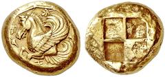 Lampsacus Stater circa 412, EL 15.26 g. Forepart of Pegasus l.; below, ‡. All within vine wreath. Rev. Quadripartite incuse square. SNG von Aulock 1292 (these dies). Kraay-Hirmer 727 (these dies). Bal