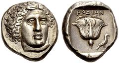 Rhodes Tetradrachm circa 400, AR 15.26 g. Head of Helios facing three-quarters r., hair in separate curly locks falling outwards and downwards. Rev. PODIWN Half-blown rose; in r. field, eagle with clo