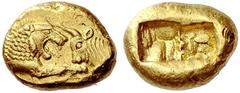 Kings of Lydia, Time of Croesus, 561-546 or later. Stater light series, Sardes circa 550-520, AV 8.05 g. Confronted foreparts of lion with extended r. foreleg, and bull. Rev. Bipartite incuse square o