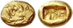 Kings of Lydia, Time of Croesus, 561-546 or later. Stater light series, Sardes circa 550-520, AV 8.04 g. Confronted foreparts of lion, with extended r. foreleg, and bull. Rev. Bipartite incuse square 