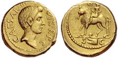 The Roman Republic Octavianus. Aureus, mint moving with Octavian 42 BC, AV 8.01 g. CAESAR·III – VIR·R·P·C Bare head r. Rev. Equestrian statue l., with rider holding lituus in r. hand; in exergue, rost