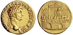 The Roman Empire Claudius, 41 – 54 Aureus 45, AV 7.77 g. TI CLAVD CAESAR·AVG P M T·R·P IIII Laureate head r. Rev. IMPER RECEPT inscribed on praetorian camp, at the door of which stands a soldier with 