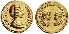 The Roman Empire Julia Domna, wife of Septimius Severus Aureus circa 201, AV 7.24 g. IVLIA – AVGVSTA Draped bust of Julia Domna r. Rev. AETERNIT IMPERI Confronted busts of Caracalla laureate and drape