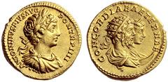 The Roman Empire Caracalla augustus, 198-217 Aureus 201, AV 7.23 g. ANTONINVS PIVS AVG – PON TR P IIII Laureate, draped and cuirassed bust of Caracalla r. Rev. CONCORDIAE AETERNAE Jugate busts r. of S