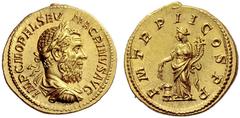 The Roman Empire Macrinus, 217 – 218 Aureus 217, AV 7.16 g. IMP C M OPEL SEV – MACRINVS AVG Laureate, draped and cuirassed bust r. Rev. P M TR P II COS P P Annona standing l., holding corn ears and co