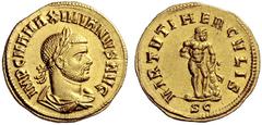 The Roman Empire Maximianus Herculius, 286 – 305 Aureus, Antiochia circa 286-287, AV 5.18 g. IMP C MA MAXIMIANVS AVG Laureate and draped bust r. Rev. VIRTVTI HERCVLIS Hercules standing r., leaning on 