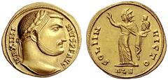 The Roman Empire Maximinus II Daia augustus, 310 – 313 Aureus, Alexandria 311-313, AV 5.38 g. MAXIMI – NVS P F AVG Laureate head r. Rev. SOLI IN – VICTO Sol, radiate and in long robe, standing l., rai