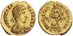 The Roman Empire Honorius, 393 – 423 Tremissis, Ravenna 402/3-405/6, AV 1.48 g. D N HONORI – VS P F AVG Pearl diademed, draped and cuirassed bust r. Rev. VICTORIA – AVGVSTORVM Victory standing facing,