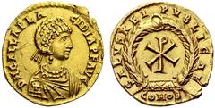 The Roman Empire Galla Placidia, wife of Constantine III and mother of Valentinian III Semis, Ravenna and Roma 421-422, AV 1.95g. D N GALLA PLA – CIDIA P F AVG Pearl-diademed and draped bust r., weari
