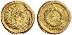 The Roman Empire Aelia Pulceria, sister of Theodosius II Tremissis, Constantinopolis circa 430, AV 1.49 g. AEL PVLCH – ERIA AVG Draped bust r., wearing elaborate and pearl-diademed headdress. Rev. Cro