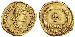 The Roman Empire Anthemius, 467 – 472 Tremissis circa 468, AV 1.48 g. D N ANTHE MI – VS PERP AVG Pearl-diademed, draped and cuirassed bust r. Rev. Cross within wreath; in exergue, COMOB. C 24. Lacam –