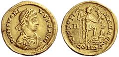 The Roman Empire Honorius, 393 – 423 Solidus, Mediolanum 395-402, AV 4.35 g. D N HONORI – VS P F AVG Pearl-diademed, draped and cuirassed bust r. Rev. VICTORI – A AVGGG Emperor standing r., l. foot on