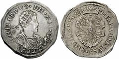 Napoli Ducato 1622, AR 29,58 g. PHILIPPVS IIII DEI GRA Busto radiato e corazzato a d., con drappeggio sulla spalla s. e testa di Medusa sulla lorica; dietro, MC /C (Michele Cavo, maestro di zecca 1626