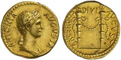 The Roman Empire In the name of Antonia, mother of Claudius No.: 25 Schätzpreis - Estimate CHF 7000.- Aureus circa 41-45, 7.76 g. ANTONIA - AVGVSTA Draped bust r., wearing crown of cornears. Rev. SACE
