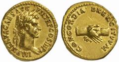 The Roman Empire Nerva, 96 - 98 No.: 68 Schätzpreis - Estimate CHF 24000.- Aureus circa 97, 7.39 g. IMP NERVA CAES AVG P M TR P COS III P P Laureate head r. Rev. CONCORDIA EXERCITVM Clasped hands. RIC