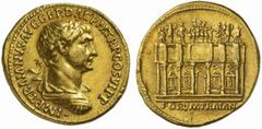 The Roman Empire Trajan, 98 - 117 No.: 72 Schätzpreis - Estimate CHF 8000.- Aureus circa 115, 7.16 g. IMP TRAIANVS AVG GER DAC P M TR P COS VI P P Laureate, draped and cuirassed bust r. Rev. Façade of